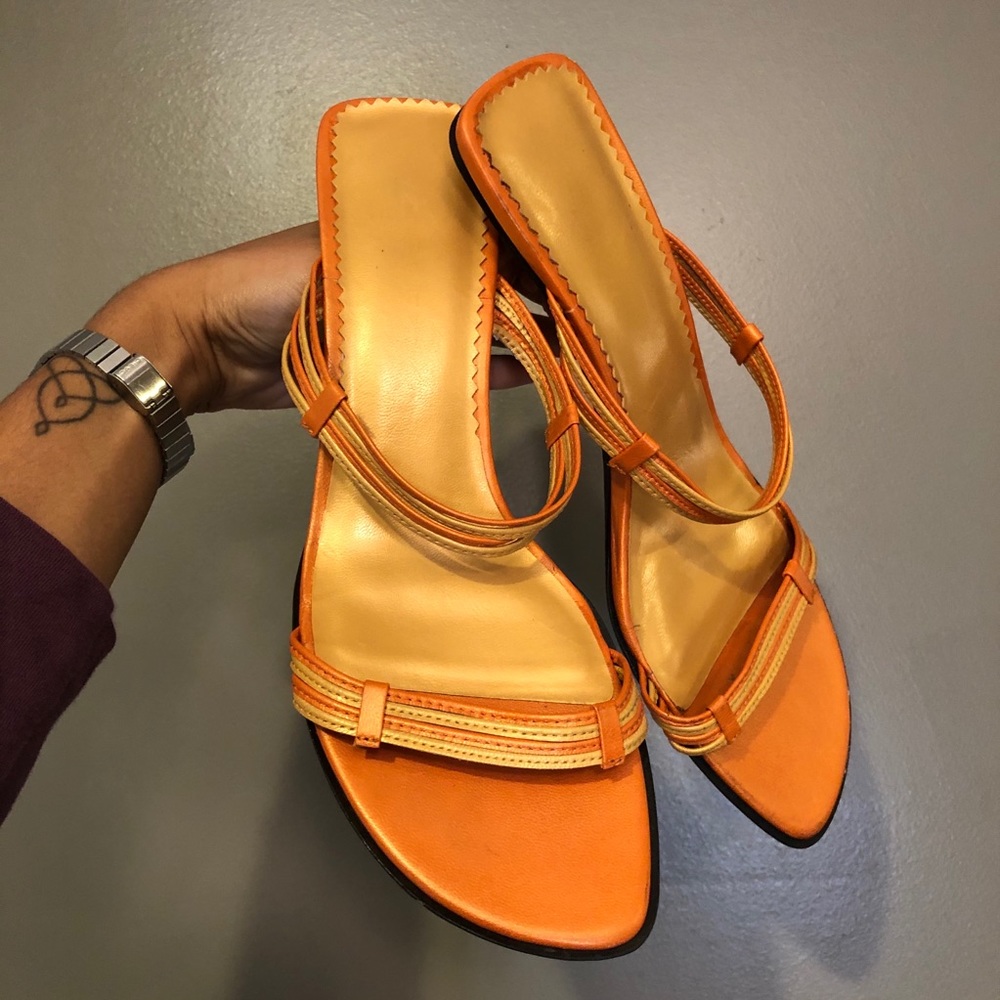 metallic orange heeled sandals